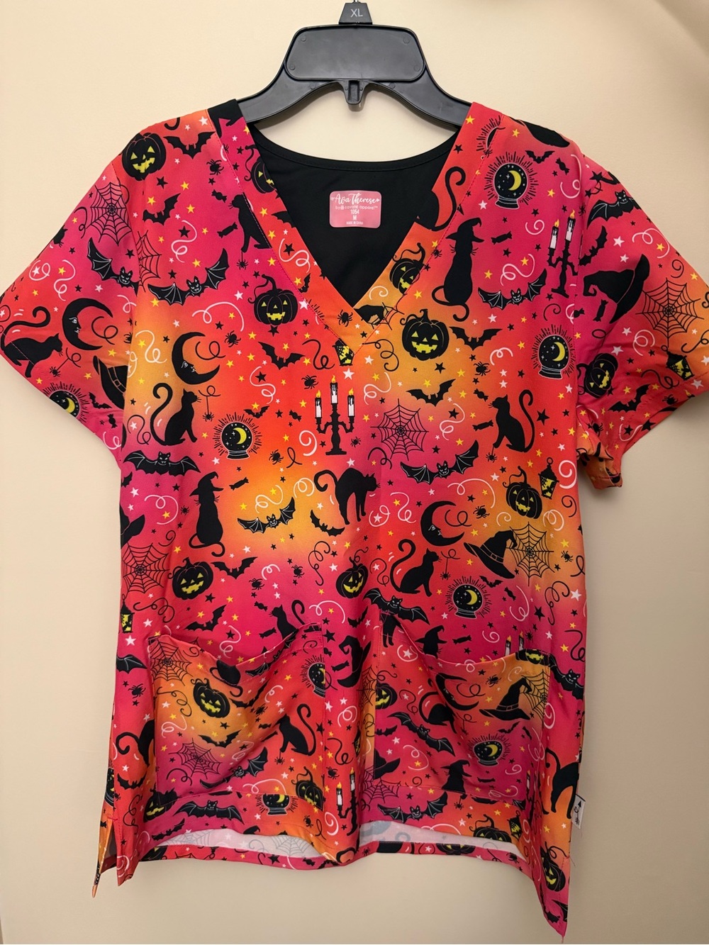 Pink & Orange Halloween Print V-Neck Scrub Top